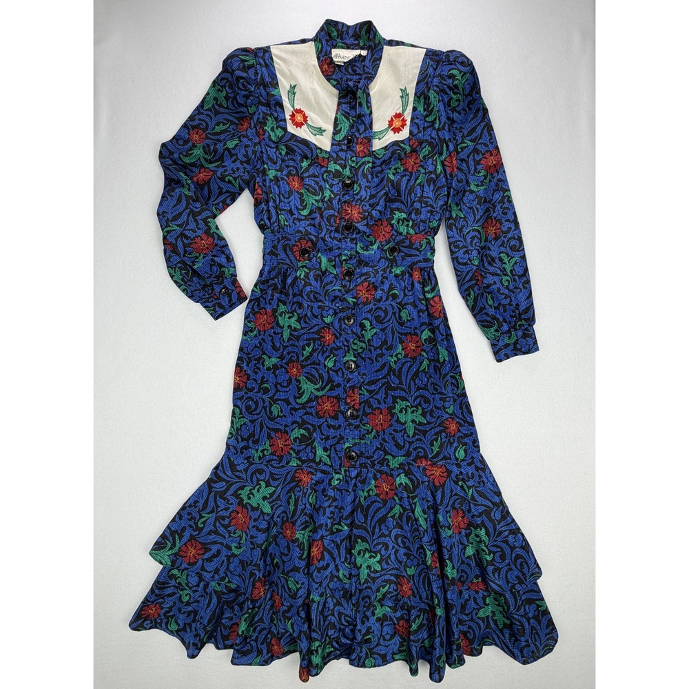 80s Vintage Act I Blue Floral Prairie Midi Dress 7/8 Womens Embroidered Collar